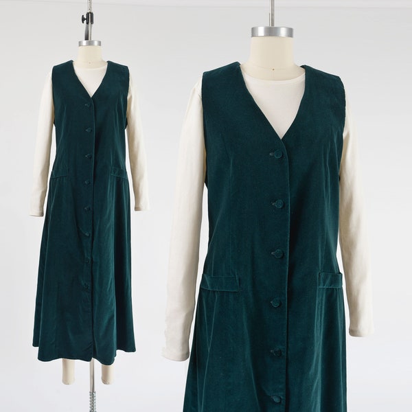 Teal Green Velvet Maxi Dress 90s Vintage Cotton Velveteen Button Down Front Pinafore Dress size M