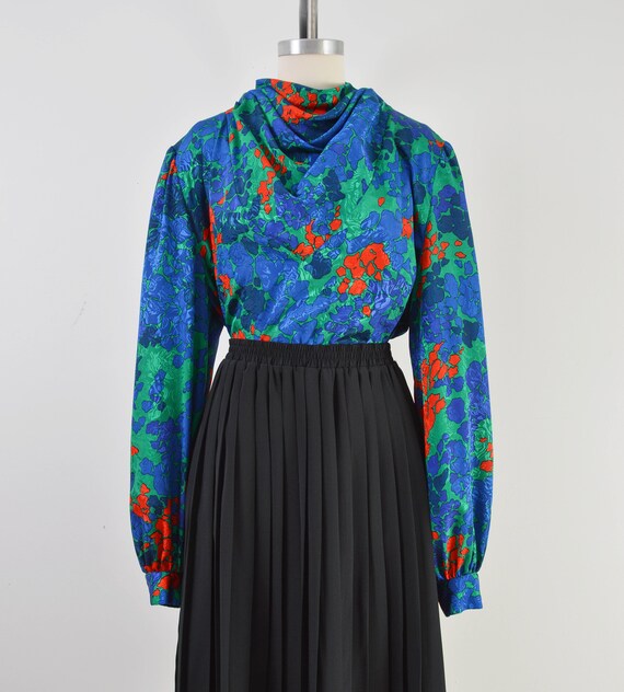 Blue Floral Blouse | 80s Vintage Cowl Neck Silky … - image 3