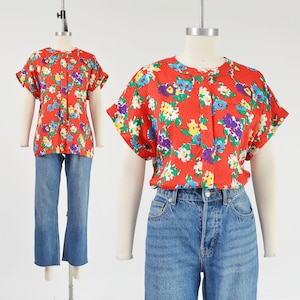 Red Floral Blouse size Medium | 80s Vintage Silky Short Sleeve Button Down Top 1980s Colorful Botanical Print Shirt