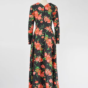 Black Floral Maxi Dress 70s Vintage Mod Long Sleeve Fit and Flare Formal Party Dress Pink Green size M image 7