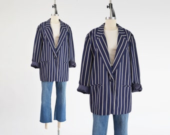 Navy Striped Blazer Vintage 90s Preppy Academia Loose Oversized Suit Jacket size M L