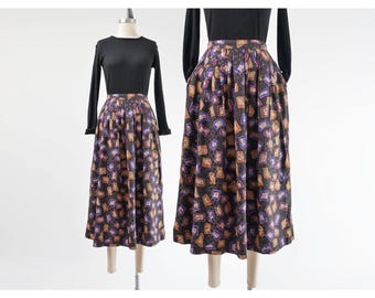 Midi-rok van zijde met abstracte print, maat S | Vintage jaren 80 geometrische rok met hoge taille, wijde plooien en zakken