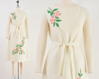 Hand Painted Floral Dress | 60s Vintage Cream Sleeveless Shift Dress with Tie Belt size Small