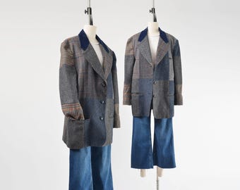 Blazer vintage de lana con patchwork y cuello de terciopelo azul marino, estilo años 80, con estampados a cuadros y tweed / Talla L estilo academia oversize