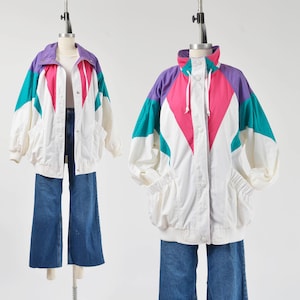 90s White Color Block Jacket size M, Vintage Patchwork Coat Light Weight Jacket White Purple Pink
