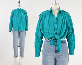 Vintage 90s Cotton Gauze Blouse Teal Green Draped Fit Collared Button Down Bohemian Shirt S M