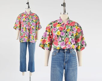 Watercolor Floral Print Blouse 90s Vintage Lee Collared Button Down Short Sleeve Shirt size M L