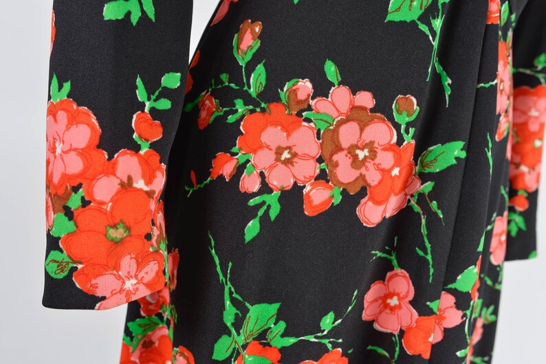 Black Floral Maxi Dress 70s Vintage Mod Long Sleeve Fit and Flare Formal Party Dress Pink Green size M image 5