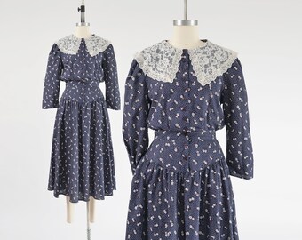 Navy Floral and Polka Dot Dress 80s Vintage White Lace Collar Cottagecore Midi Dress with Pockets size Small