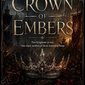 Puede incluir: Una portada de libro titulada Crown of Embers, una novela de romance fantástico, libro uno. La portada presenta una corona oscura y ornamentada sobre rosas rojas oscuras contra un fondo de paisaje en guerra con estandartes y el texto: Two kingdoms at war.