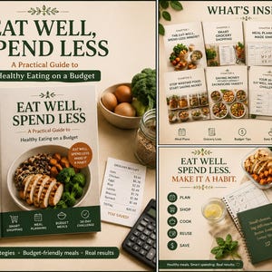 Könnte beinhalten: Ein Buch mit dem Titel Eat Well, Spend Less: A Practical Guide to Healthy Eating on a Budget. Das Cover zeigt eine Schüssel mit gegrilltem Hähnchen und Gemüse. Die Innenseiten zeigen Kapitelübersichten, Essenspläne und Einkaufslisten.