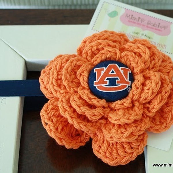 War Eagle Auburn Football Headband Set - Orange Crochet Flower with Navy Shimmery Elastic Headband - Newborn - Adult