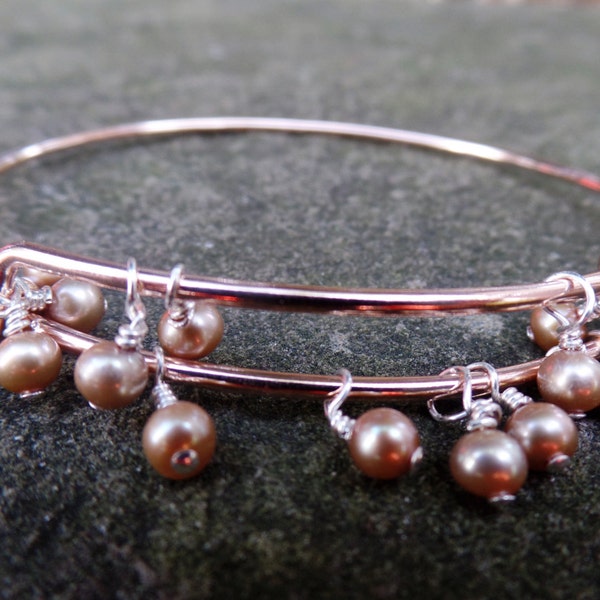 SOLD BACK ORDER the "lydia" bracelet ~ rose gold champagne freshwater pearls affixed to rose gold adjustable bangle