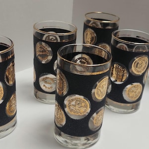 Vintage Gold Coin Highball Glasses – Mid-Century Barware Set of 6 – Black & Gold Textured Tumblers