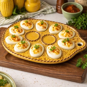May include: A yellow oval serving platter with devilled eggs, garnished with parsley and paprika. The platter has a woven design around the edge and is placed on a wooden chopping board. Additional condiments and spices are in the background.
