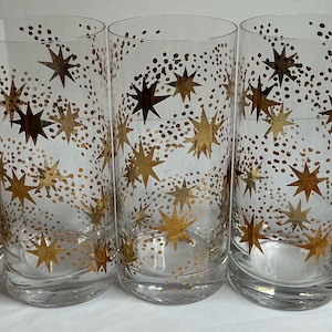 Vintage Mid-Century Gold Starburst Highball Glasses – Set of 5, Atomic Era 22k Gold Confetti Barware