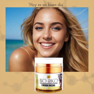 Puede incluir: Un tarro de crema facial Bio Riko con detalles dorados y blancos, con texto en español. La imagen incluye a una mujer con cabello rubio y ojos azules, con el texto "Hoy es un buen día" encima. La crema está etiquetada como anti-edad y reafirmante.