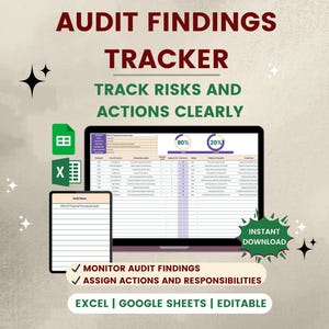 May include: An image promoting an audit findings tracker. The text reads "AUDIT FINDINGS TRACKER" and "TRACK RISKS AND ACTIONS CLEARLY." The image includes a laptop and tablet displaying a spreadsheet, along with icons for Excel and Google Sheets. The text also says "MONITOR AUDIT FINDINGS" and "ASSIGN ACTIONS AND RESPONSIBILITIES."