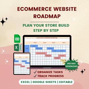 May include: An image promoting an e-commerce website roadmap. The text reads "E-commerce Website Roadmap" and "Plan Your Store Build Step by Step." A laptop and tablet display a spreadsheet. The image also includes the text "Organise Tasks," "Track Progress," and "Excel | Google Sheets | Editable."