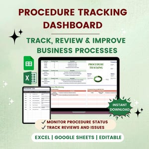 Könnte beinhalten: Ein digitales Dashboard mit dem Titel "Procedure Tracking Dashboard", das auf einem Laptop und Tablet angezeigt wird. Das Dashboard enthält Datenvisualisierungen und den Text "Track, Review & Improve Business Processes". Das Bild enthält auch den Text "Instant Download."