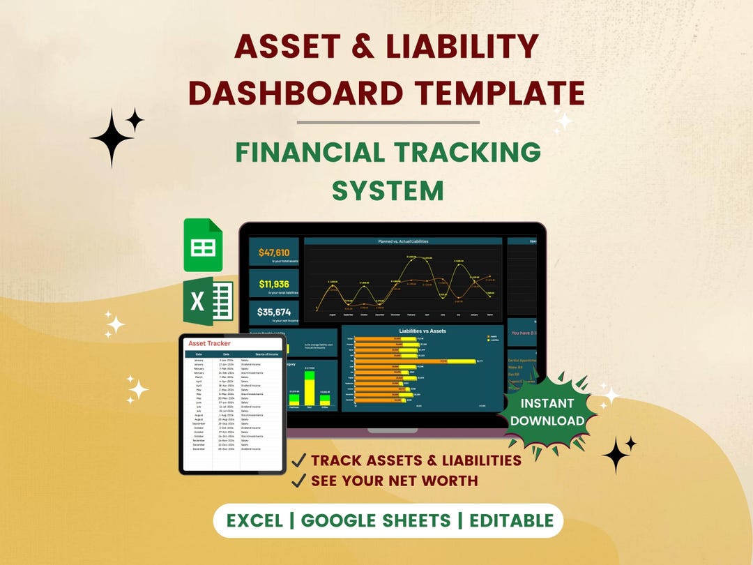 Financial Dashboard Template Google Sheets / Excel Net Worth Asset ...
