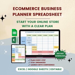 Ecommerce Business Planner Spreadsheet | Google Sheets Startup Roadmap & Marketing Strategy | Online Store Planning Tool