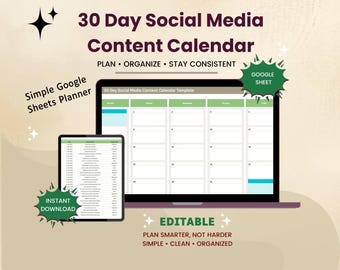 Modelo de calendário de conteúdo para redes sociais com 30 dias, planejador de conteúdo simples para criadores de conteúdo e pequenas empresas, Planilhas Google