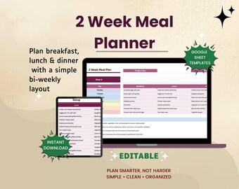 2週間分の食事プランナーGoogleスプレッドシートテンプレート、編集可能な隔週の食事プランナー、簡単な週ごとの家族向け食事プランニング
