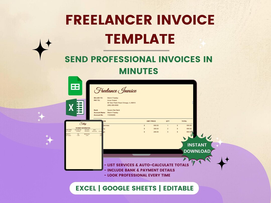 Freelancer Invoice Template | Editable Excel Google Sheets Billing ...