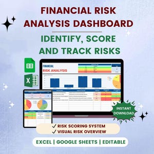 May include: A digital graphic promoting a financial risk analysis dashboard. The image displays a laptop and tablet showing charts and graphs. Text includes "Financial Risk Analysis Dashboard" and "Identify, Score, and Track Risks." The dashboard is editable in Excel and Google Sheets.