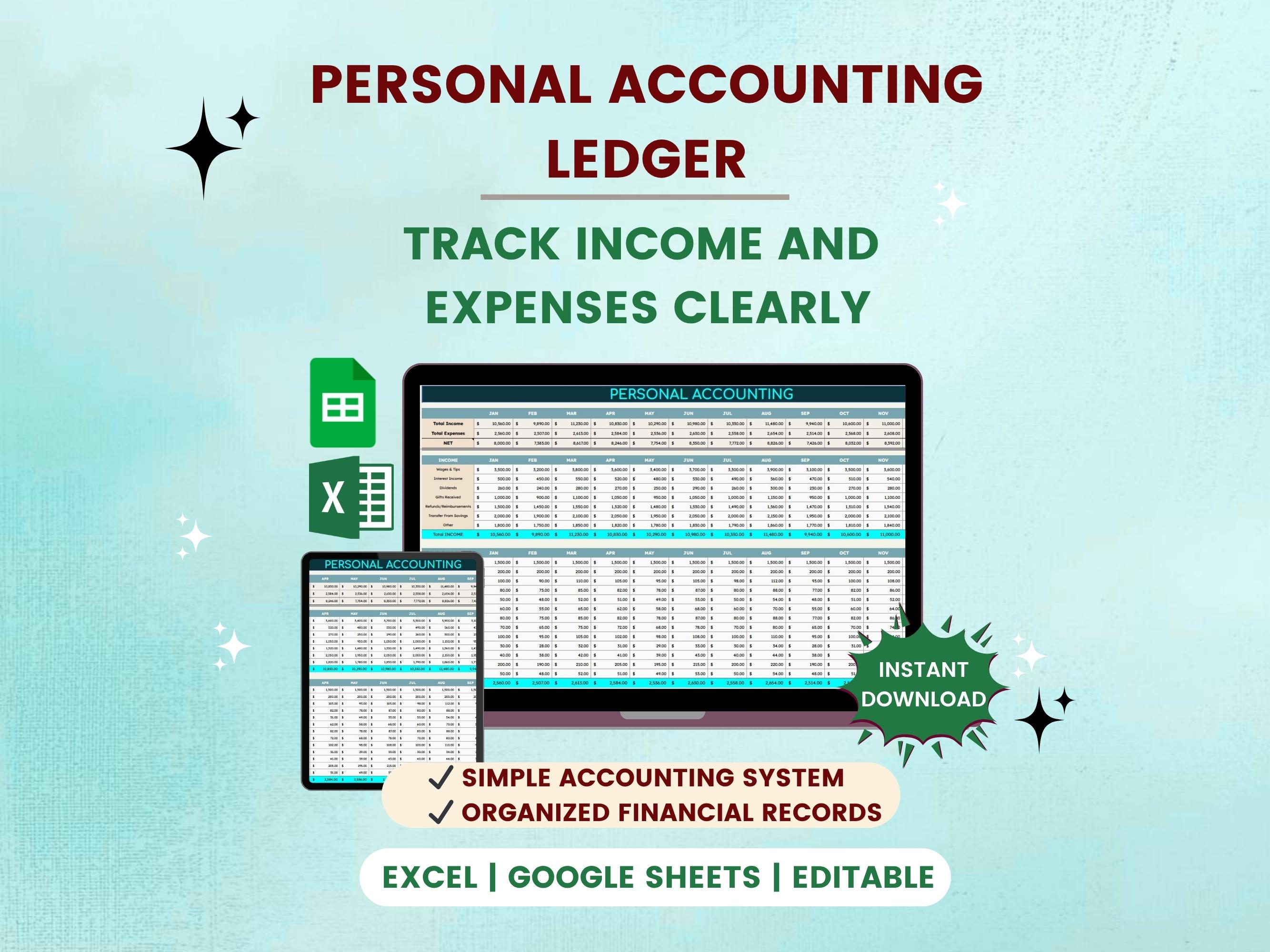 Personal Accounting Ledger Monthly Income and Expense Tracker Bookkeeping Spreadsheet Excel Google Sheets