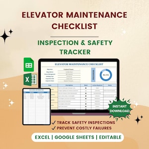 Może przedstawiać: Lista kontrolna konserwacji wind wyświetlana na laptopie i tablecie, kompatybilna z programami Excel i Google Sheets. Tekst brzmi "Elevator Maintenance Checklist, Inspection & Safety Tracker". Zawiera pasek postępu i "Natychmiastowe pobieranie".