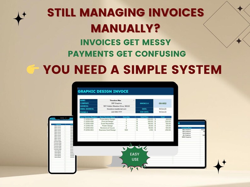 Messy Invoice Example Graphic Design Invoice Template | Excel Google Sheets Invoice Tracker ...