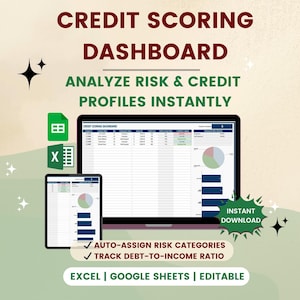 Dashboard di valutazione del credito in Fogli Google / Strumento di monitoraggio del rischio e del rapporto debito/cliente / Foglio di analisi del credito modificabile