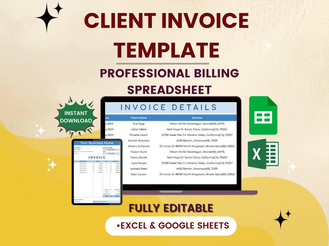 Client Invoice Template | Billing Tracker Spreadsheet | Small Business ...
