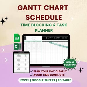 Gantt Chart Work Schedule Template | Excel Google Sheets Time Blocking Planner & Daily Task Tracker
