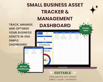 Assettracker voor kleine bedrijven, managementdashboard, spreadsheet voor activabeheer, bewerkbare tool Google Spreadsheets