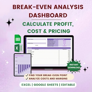 May include: A digital break-even analysis dashboard shown on a laptop and tablet. The dashboard calculates profit, cost, and pricing. The image includes Excel and Google Sheets icons, with text that reads "Find your break-even point" and "Analyse costs and margins."