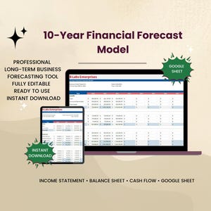 May include: A digital financial forecast model displayed on a laptop and tablet. The screen shows a spreadsheet with financial data. Text on the image includes "10-Year Financial Forecast Model", "Professional Long-Term Business Forecasting Tool", and "Instant Download".