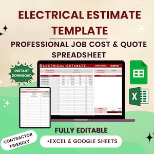 Könnte beinhalten: Eine elektrische Angebotsschablone, die auf einem Laptop und Tablet angezeigt wird, mit dem Text "ELECTRICAL ESTIMATE TEMPLATE PROFESSIONAL JOB COST & QUOTE SPREADSHEET." Enthält Excel- und Google Sheets-Symbole sowie die Wörter "INSTANT DOWNLOAD" und "CONTRACTOR FRIENDLY."