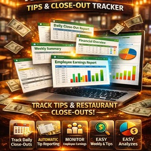 May include: An advertisement for restaurant management software. The image shows a laptop displaying financial reports, with banknotes floating around it. Text includes "ULTIMATE RESTAURANT TIPS & CLOSE-OUT TRACKER" and "TRACK TIPS & RESTAURANT CLOSE-OUTS!"