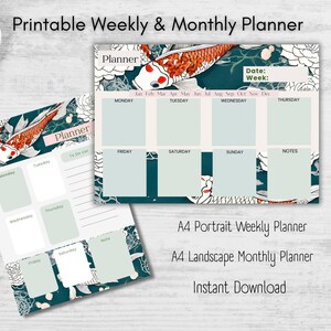 Op de afbeelding: Printbare week- en maandplanners met een koi-visontwerp. De planners bevatten een wekelijkse portretindeling en een maandelijkse landschapsindeling. De tekst op de planner bevat de dagen van de week en de maanden van het jaar. Direct downloaden.