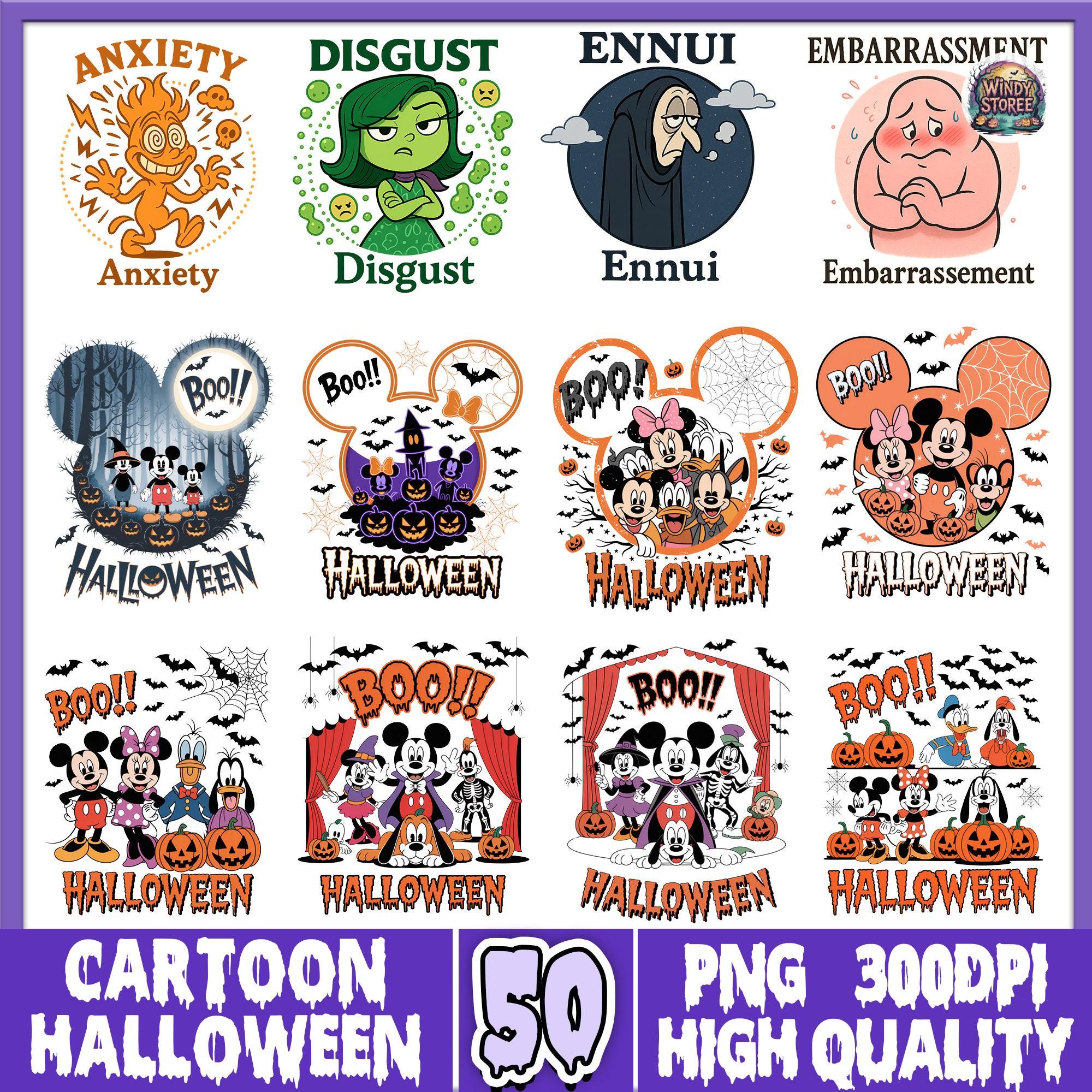 50+ Halloween Cartoon Charakter Png Bundle, Micky Maus Png, Gruselige Saison Png, Inside Out Png, Süßes oder Saures Png Bundle, Herbst Png