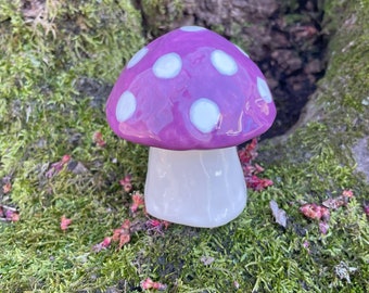 purple and white ceramic mushroom