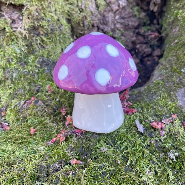 purple and white ceramic mushroom