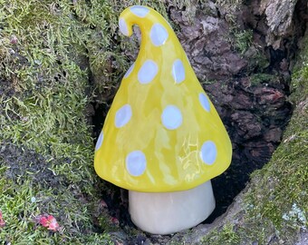 Whimsical yellow and white ceramic mushroom-large