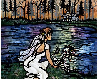 Wedding Reflections, Gothic ART PRINT, Horror Illustration, Cut Paper Collage, Sinister Quartet