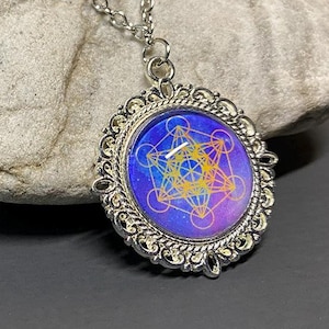 Metatron&#39;s Cube Necklace, Sacred Geometry Jewelry, Angel Pendant, Metaphysical Talisman, Glass Dome Pendant