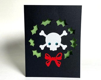 Skull Christmas Wreath Holiday Greeting Card, Gothic Christmas, Horror Card, Green and Black