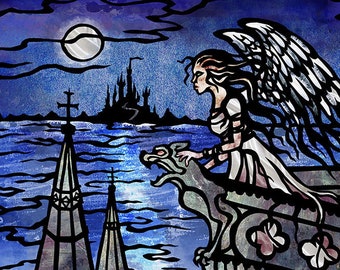 Gothic Angel ART PRINT, Fairytale Illustration, Dark Fantasy Papercutting, Stained glass style